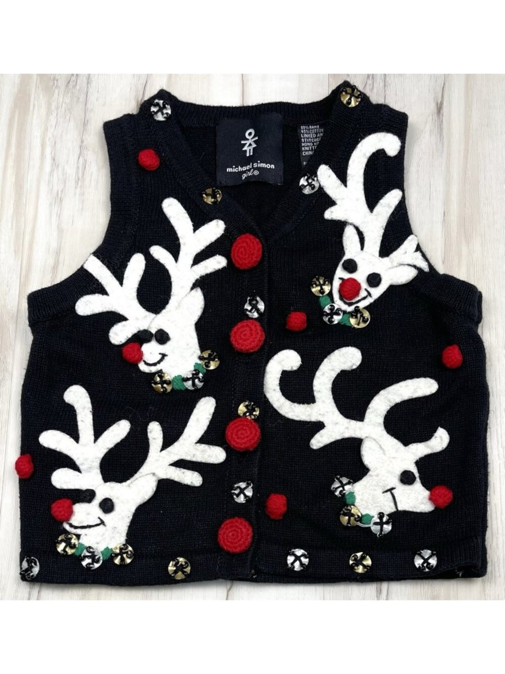 VTG MICHAEL SIMON Girl Kids 2T Black Embellished CHRISTMAS SWEATER VEST Reindeer